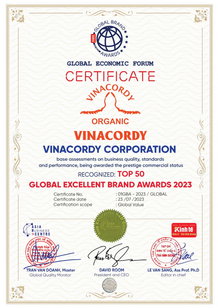 Vinacordy vinh dự nhận giải thưởng TOP 50 THƯƠNG HIỆU XUẤT SẮC TOÀN CẦU 2023 (Top 50 Global Excellent Brand Awards 2023)