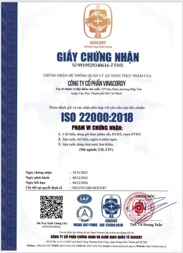 Vinacordy Đạt Chứng Chỉ ISO 22000:2018
